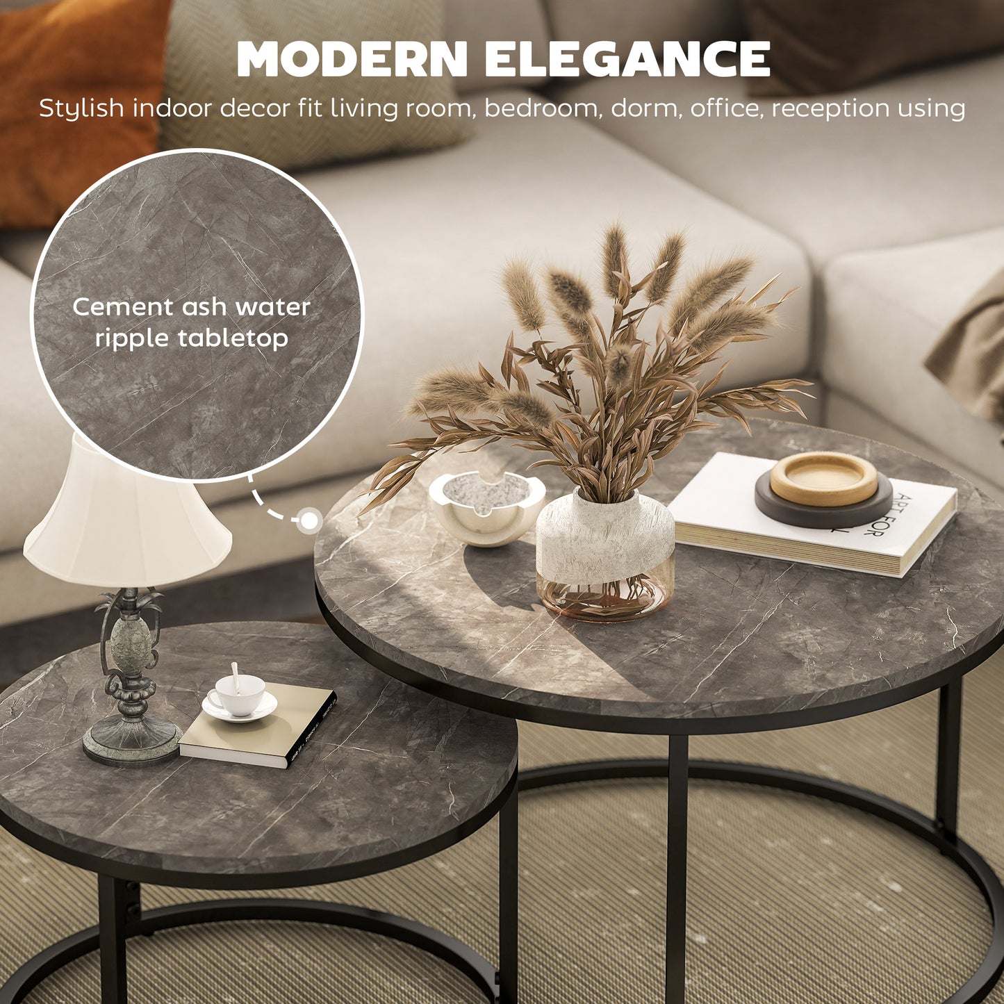 Industrial Nesting Coffee Table Set of 2, Round Coffee Tables, Living Room Table with Faux Marbled Top and Steel Frame