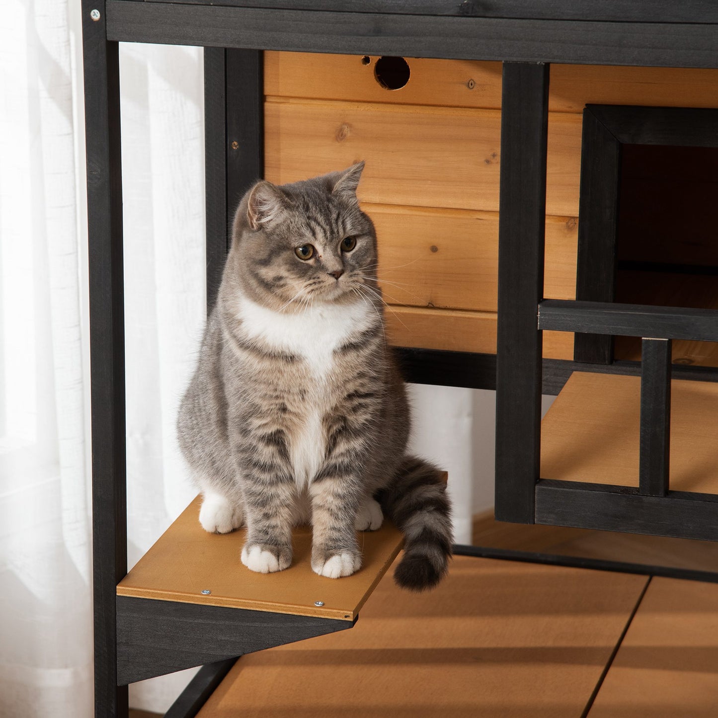 Wooden Outdoor Cat House, 3-Tier Cat Shelter with Tilted Roof, Terrace, Jump Step, Bottom Tray and Elevated Base