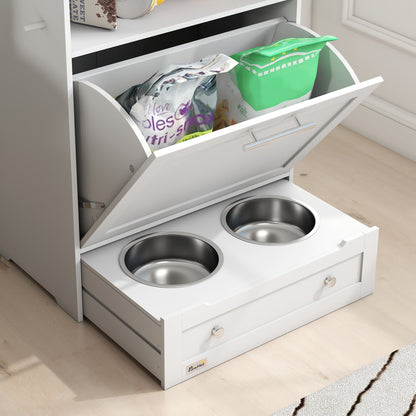 Pet Feeder Station, Dog, Cat Storage Container, with Raised Bowls, Hanger, Cabinet - White