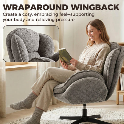Modern Wingback Accent Chair, Velvet Armchair with Four-Star Base, S-Springs, Swivel, Grey