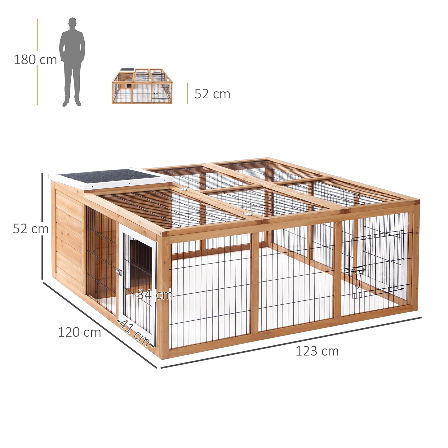 Rabbit Hutch Outdoor, Guinea Pig House, Bunny Run Cage with Openable Top for 1–2 Rabbits, 123 x 120 x 52cm, Yellow
