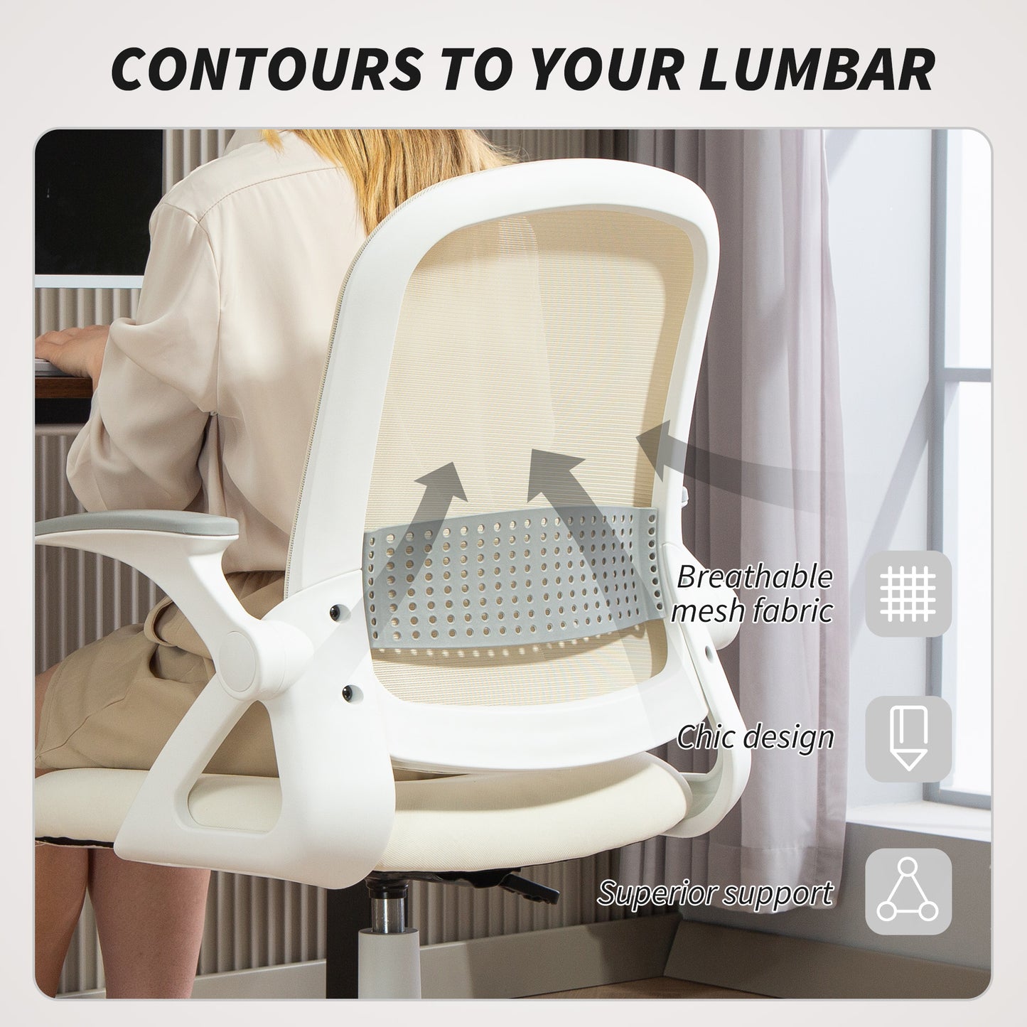Breathable Mesh Office Chair, Ergonomic Swivel Computer Chair with Flip-up Armrests, Lumbar Back Support for Home/Office