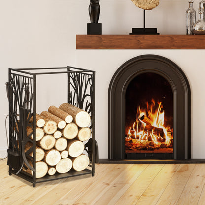 Steel Firewood Log Holder Indoor Outdoor Firewood Rack Fireplace Wood Storage Shelf with 4 Tools, Hooks, Tree Pattern Design