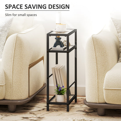 3-Tier Side Table, Narrow End Table with Storage Shelf and Tempered Glass Tabletop for Small Spaces, Black
