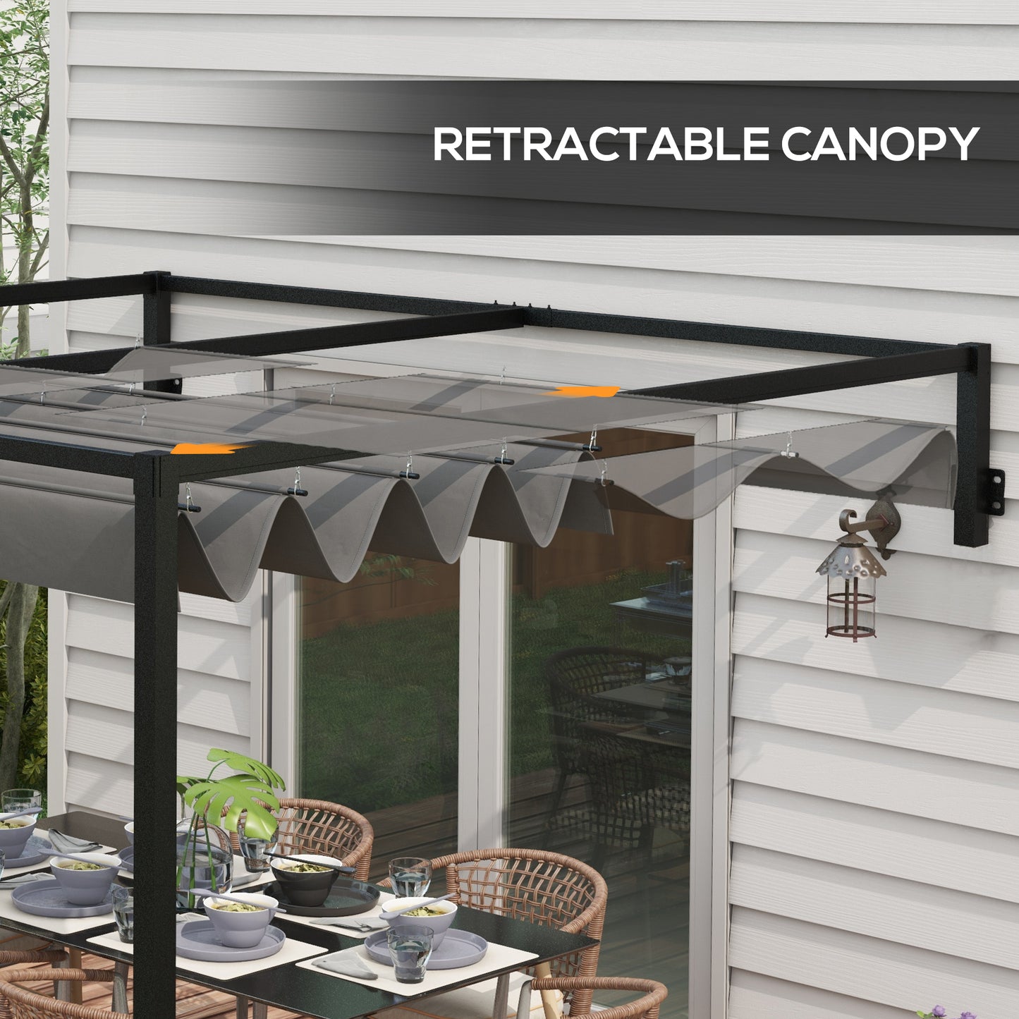 2 x 3(m) Lean To Steel Pergola, with Moving Fabric Canopy - Dark Grey
