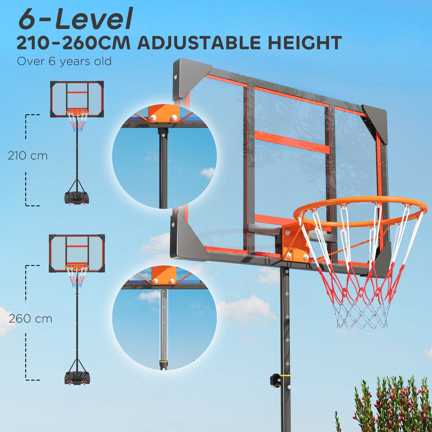 Basketball Hoop Outdoor Indoor, 210-260cm Height Adjustable Basketball Hoop with Wheels, Larger Base, for 6+ Years, Red