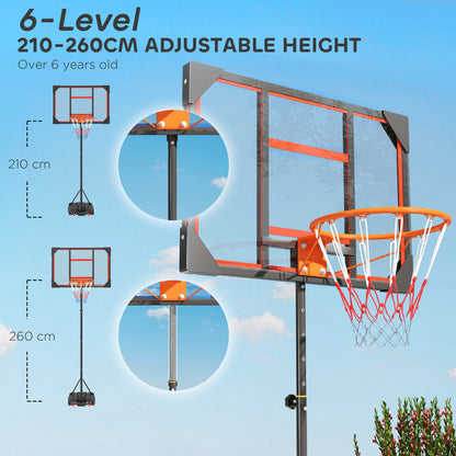 Basketball Hoop Outdoor Indoor, 210-260cm Height Adjustable Basketball Hoop with Wheels, Larger Base, for 6+ Years, Red