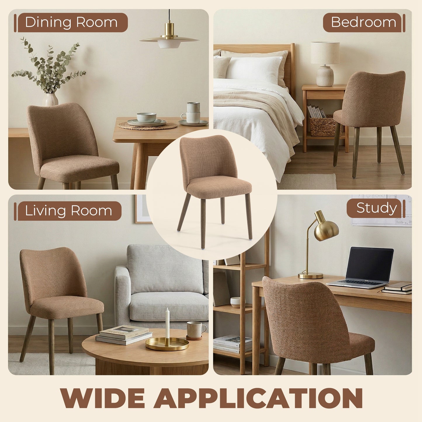 Dining Chairs Set of 2, Linen Upholstered Kitchen Chairs with Padded Seat, Curved Backrest, Rubberwood Legs, Brown