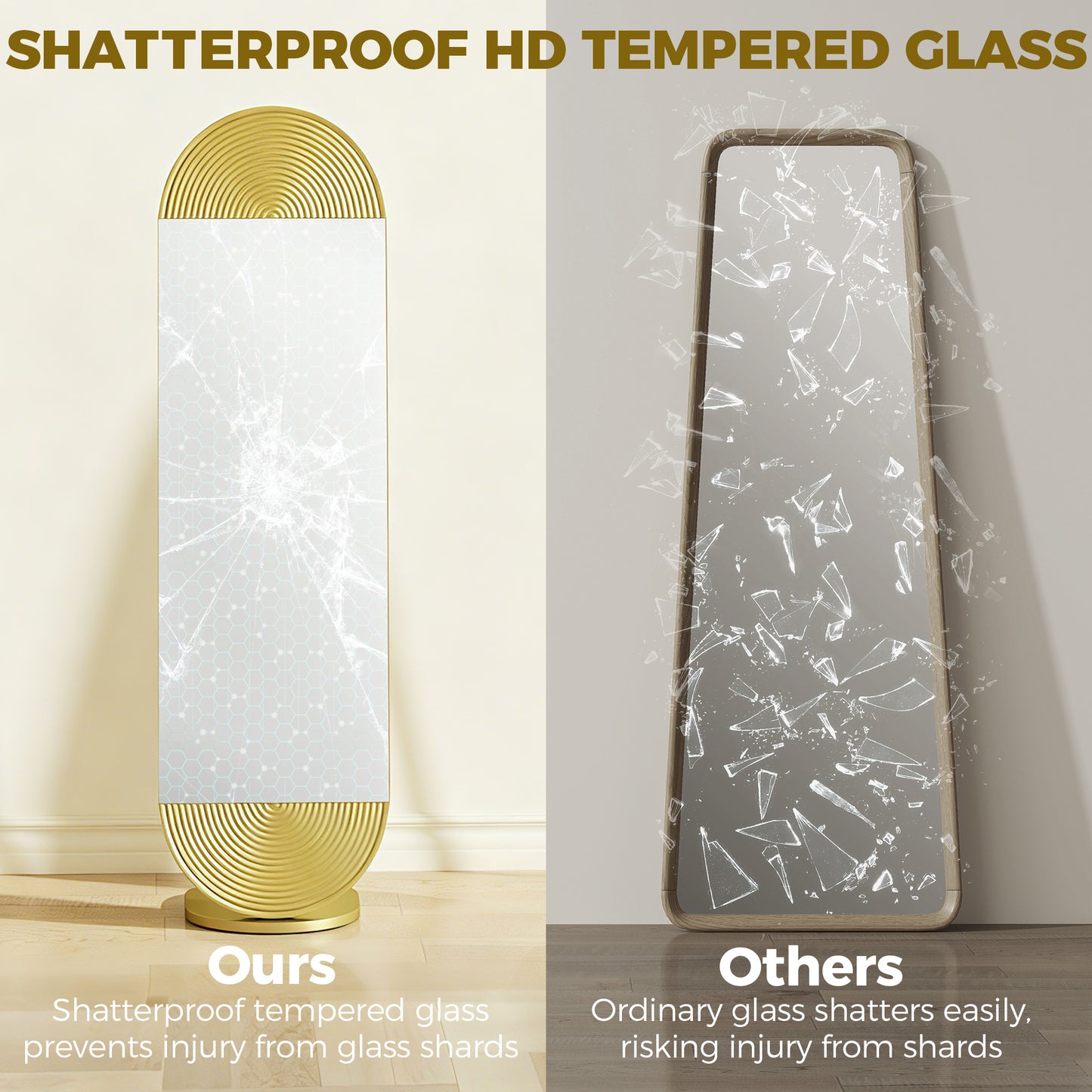 50 x 161 cm Wavy Full Length Mirror, Free Standing Mirror with Metal Frame and Solid Base, Gold Tone