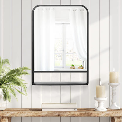 Modern Rectangular Wall Mirror with Storage Shelf, 70 x 50 cm Mirrors for Living Room, Bedroom, Black