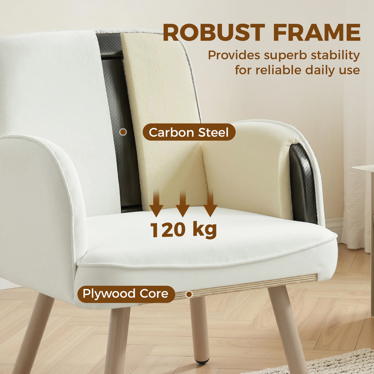 Lounge Chair Velvet Upholstered Armchair with Spring Cushion for Living Room Bedroom Cream White