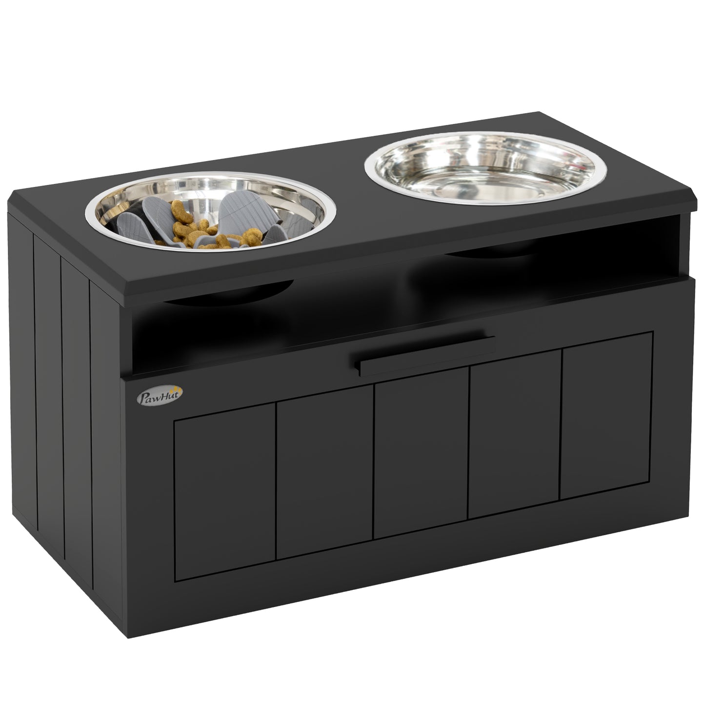 Raised Dog Bowl with Slow Feeder, Two Stainless Steel Dog Bowls, Drawer, for Large and Extra Large Dogs, Black