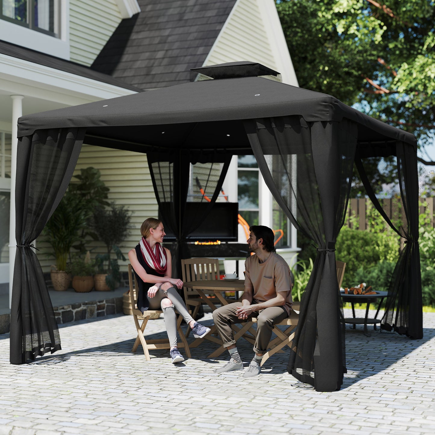3 x 3 m Metal Gazebo, Garden Pavillion, Double Roof Outdoor Canopy Shelter with Mesh Sidewalls, Black