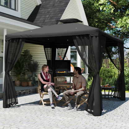 3 x 3 m Metal Gazebo, Garden Pavillion, Double Roof Outdoor Canopy Shelter with Mesh Sidewalls, Black