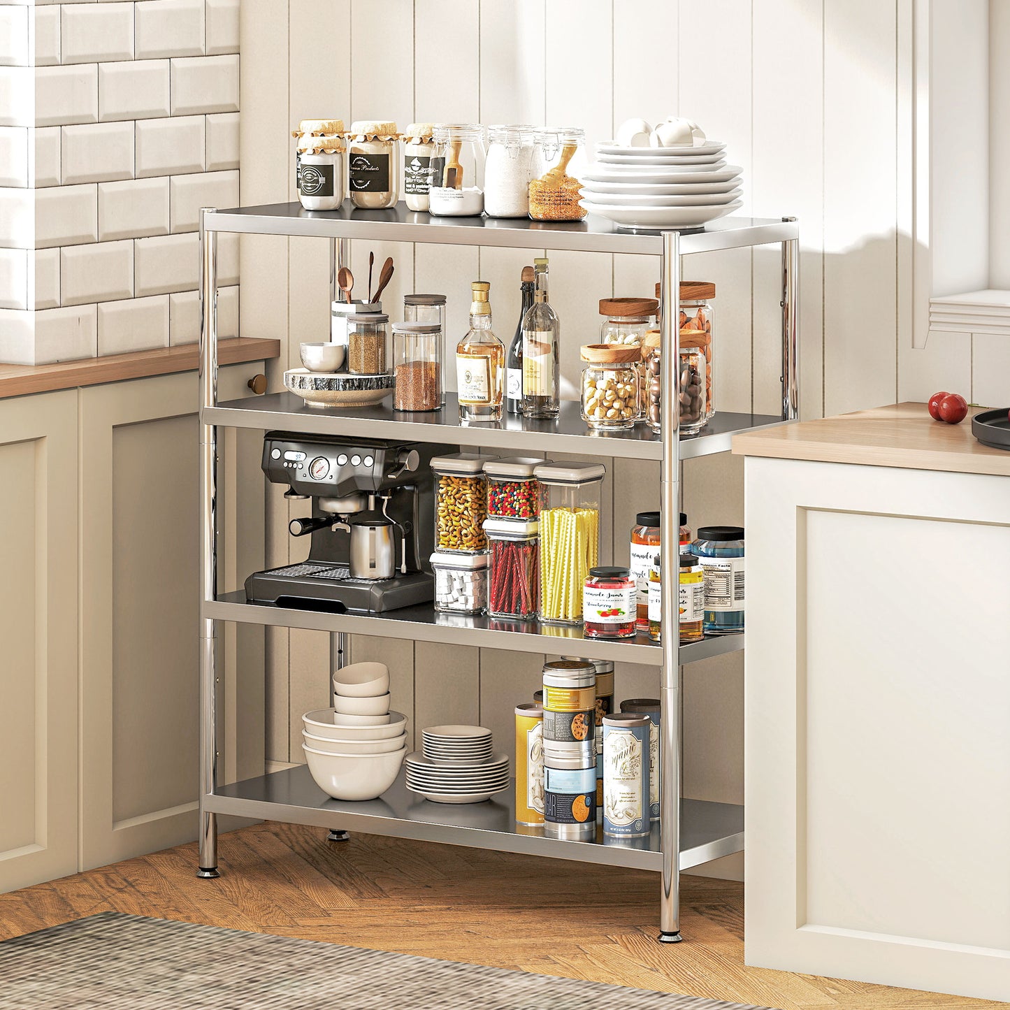 4-Tier Bakers Rack with Storage, Stainless Steel Microwave Stand with Adjustable Shelves for Small Spaces