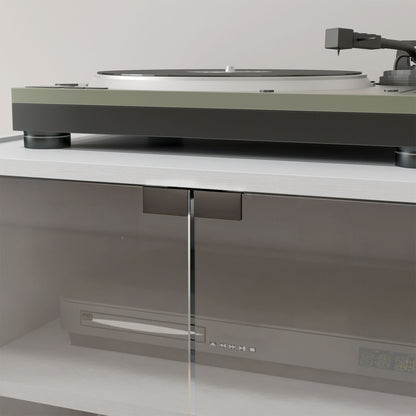 4-Tier Hi-Fi Stand, Record Player Stand with Adjustable Shelves and Push-to-Open Glass Doors, White Wood-Effect