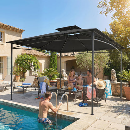 3 x 3 m Gazebo, Garden Gazebo with 2-Tier Roof, Metal Frame, Dark Grey