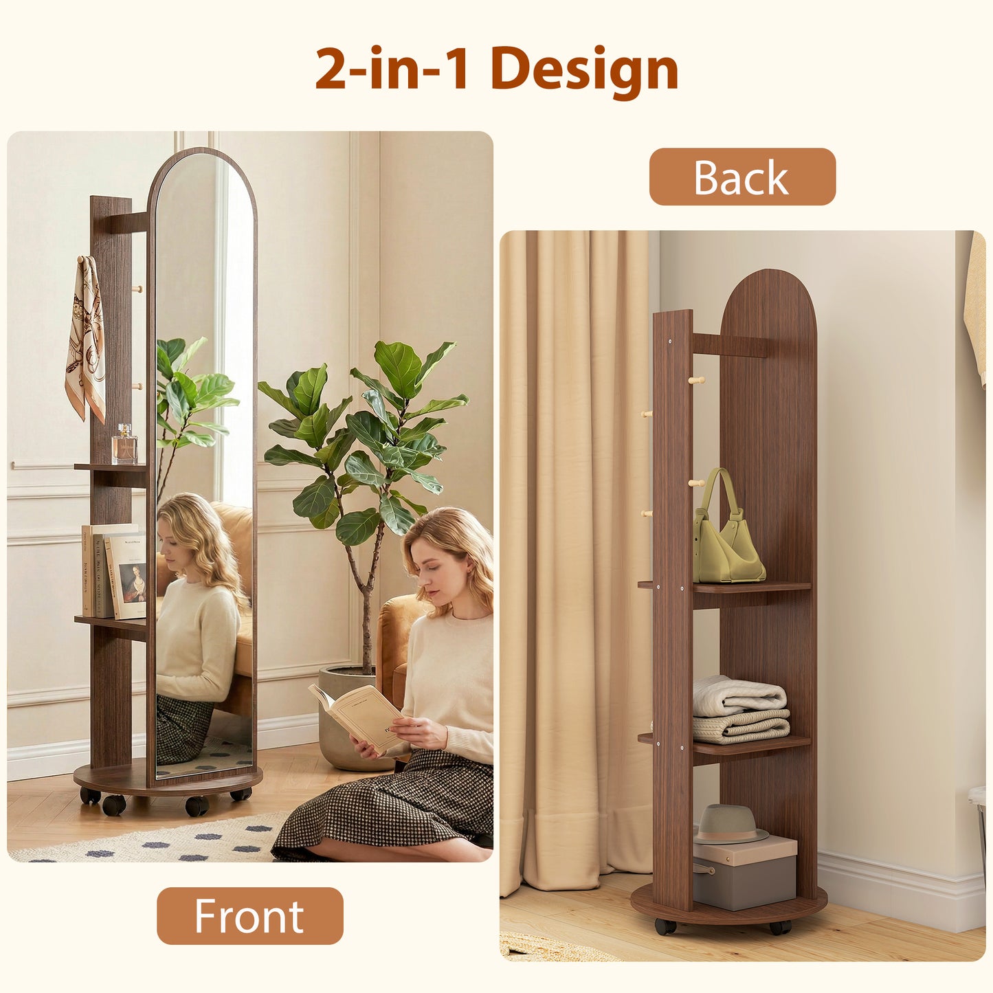 2-in-1 Full Length Mirror with Storage Shelves, Floor Mirror with 4 Wheels, Coat Rack, Hooks, Brown Wood Effect