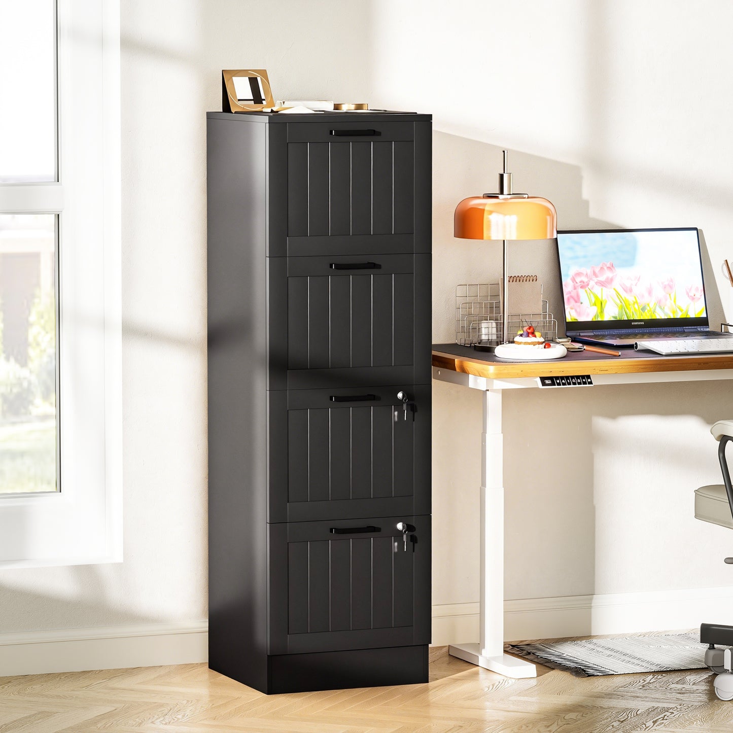 4 Drawer Filing Cabinet with Lock, Office Storage Cabinet with Adjustable Hanging Bars for A4 Letter Size Files, Black