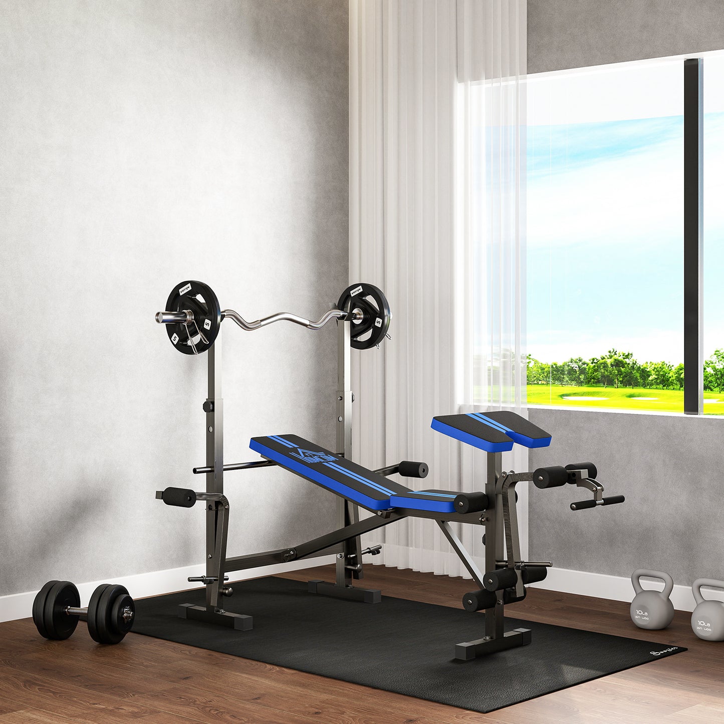Adjustable Weight Bench with Leg Extension, Barbell Rack, Preacher Curl Pad, Butterfly