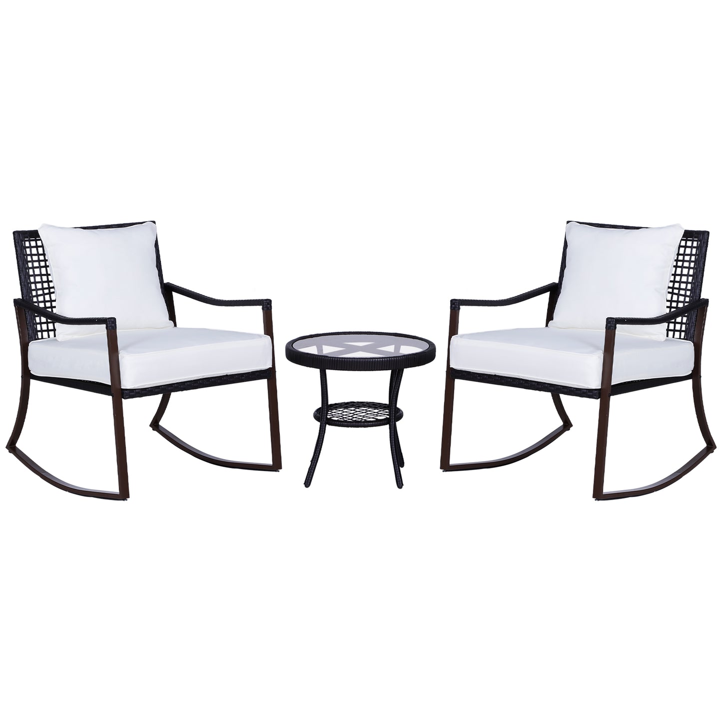 Rattan Bistro Set, 3 Pieces Wicker Garden Furniture Set with Rocking Chairs and Round Glass Top Coffee Table