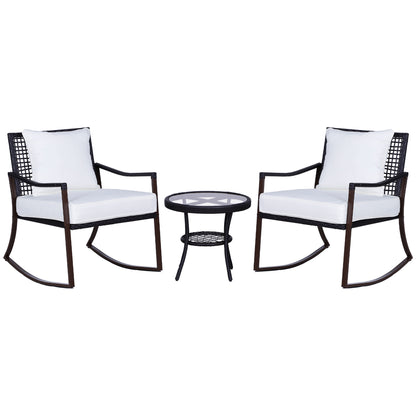 Rattan Bistro Set, 3 Pieces Wicker Garden Furniture Set with Rocking Chairs and Round Glass Top Coffee Table