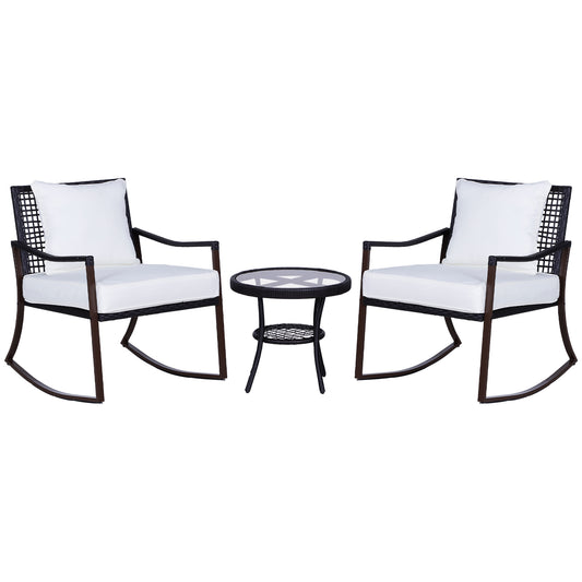 Rattan Bistro Set, 3 Pieces Wicker Garden Furniture Set with Rocking Chairs and Round Glass Top Coffee Table