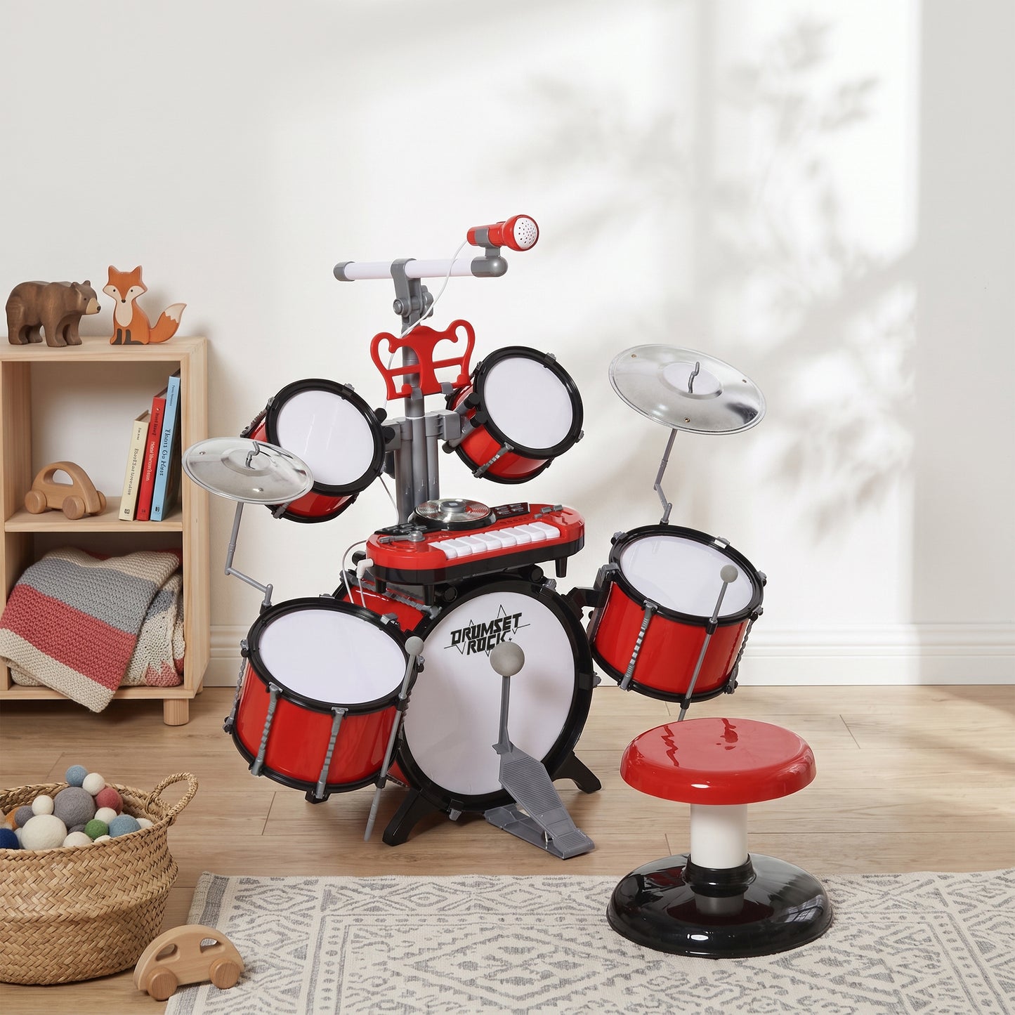 Kids Drum Set for Beginners, Drum Kit with Toy Microphone, Cymbal, Pedal & Drumsticks, Educational Musical Toy, Red