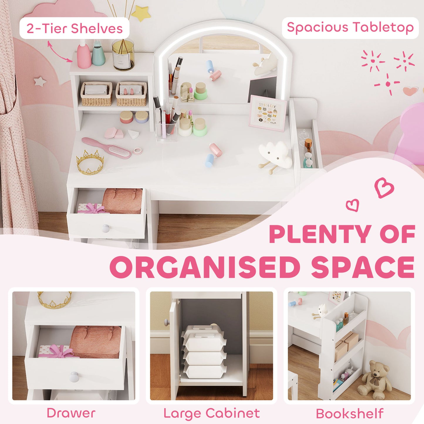 Kids Vanity Table and Chair Set, Girls Dressing Table with 2-Colour LED Mirror, Stool, Cabinet, Drawer, Shelves, White
