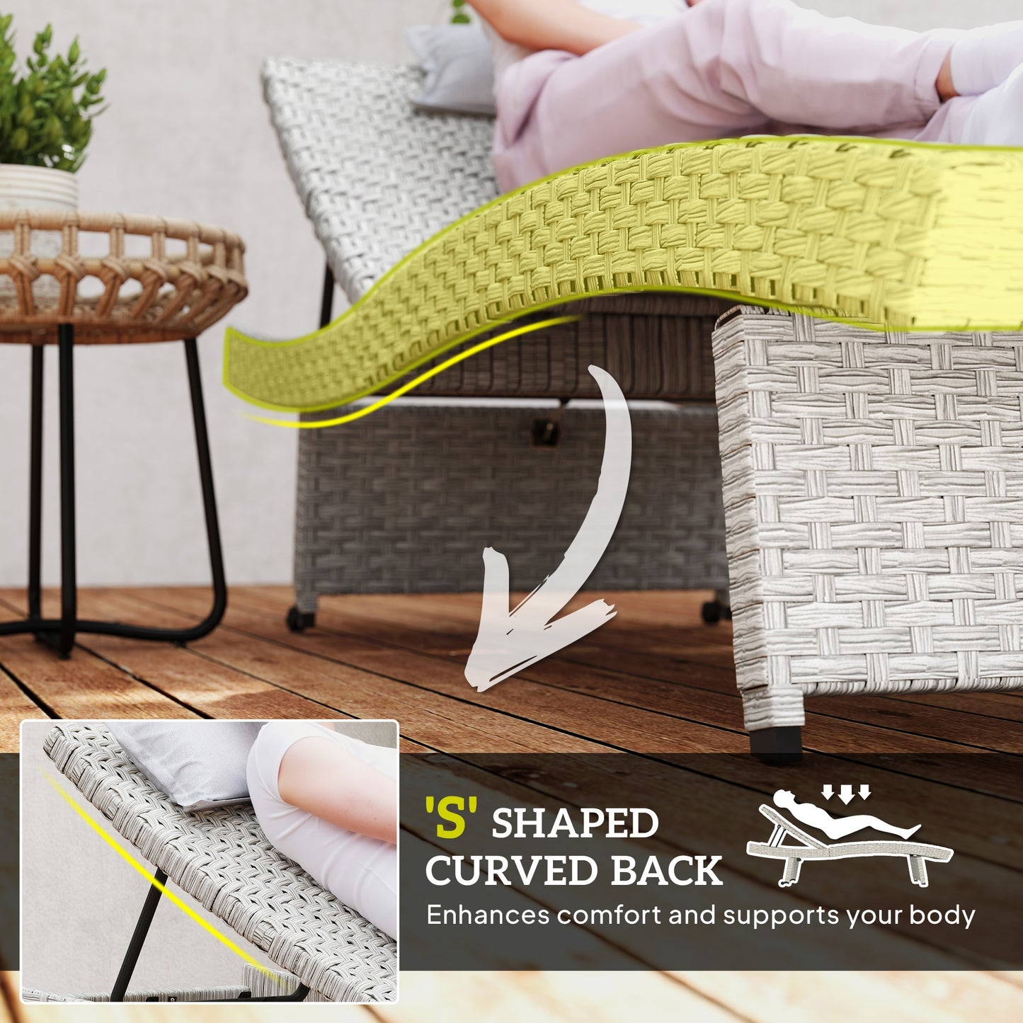 Outdoor PE Rattan Sun Lounger, Folding Wicker Garden Lounger Recliner with 4-Level Adjustable Backrest
