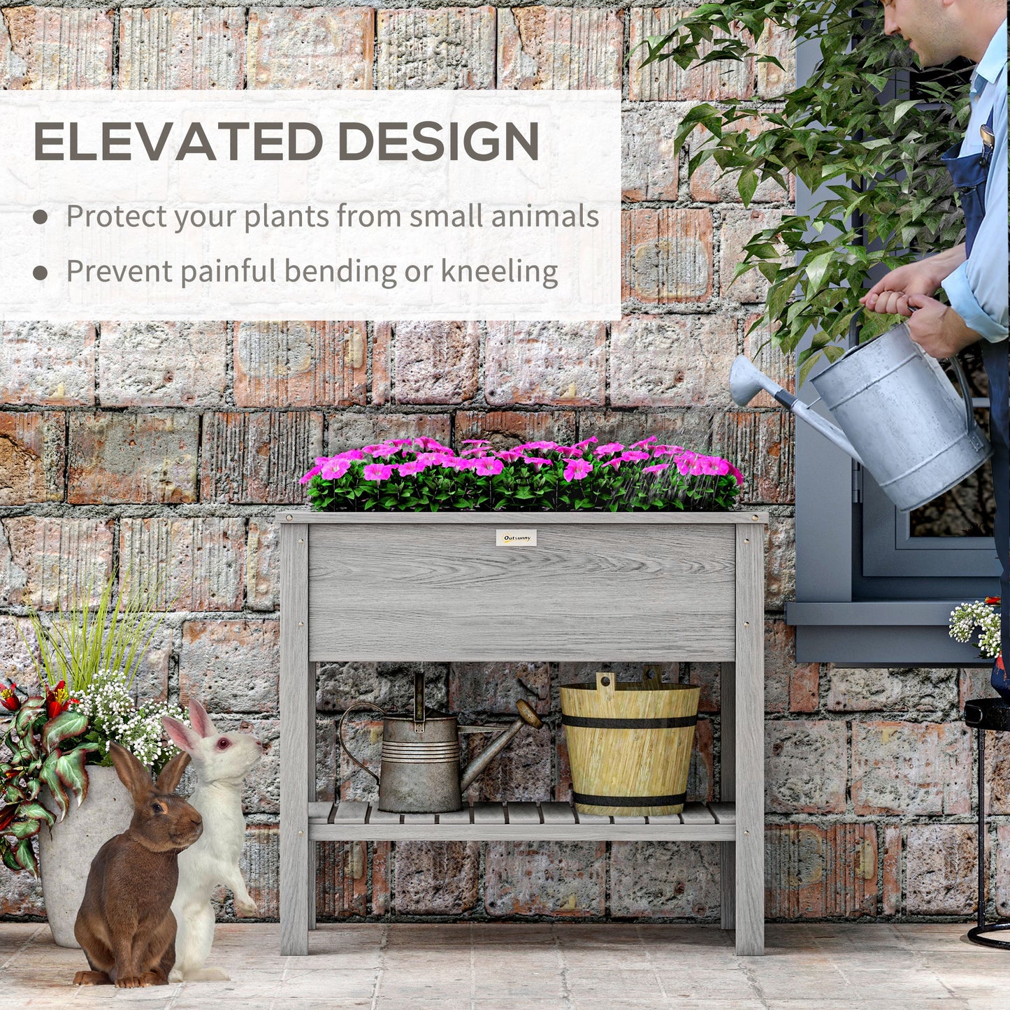 Wooden Raised Garden Bed, Elevated Planter Box with Storage Shelf and Drainage Holes, Raised Planter with Legs, Grey