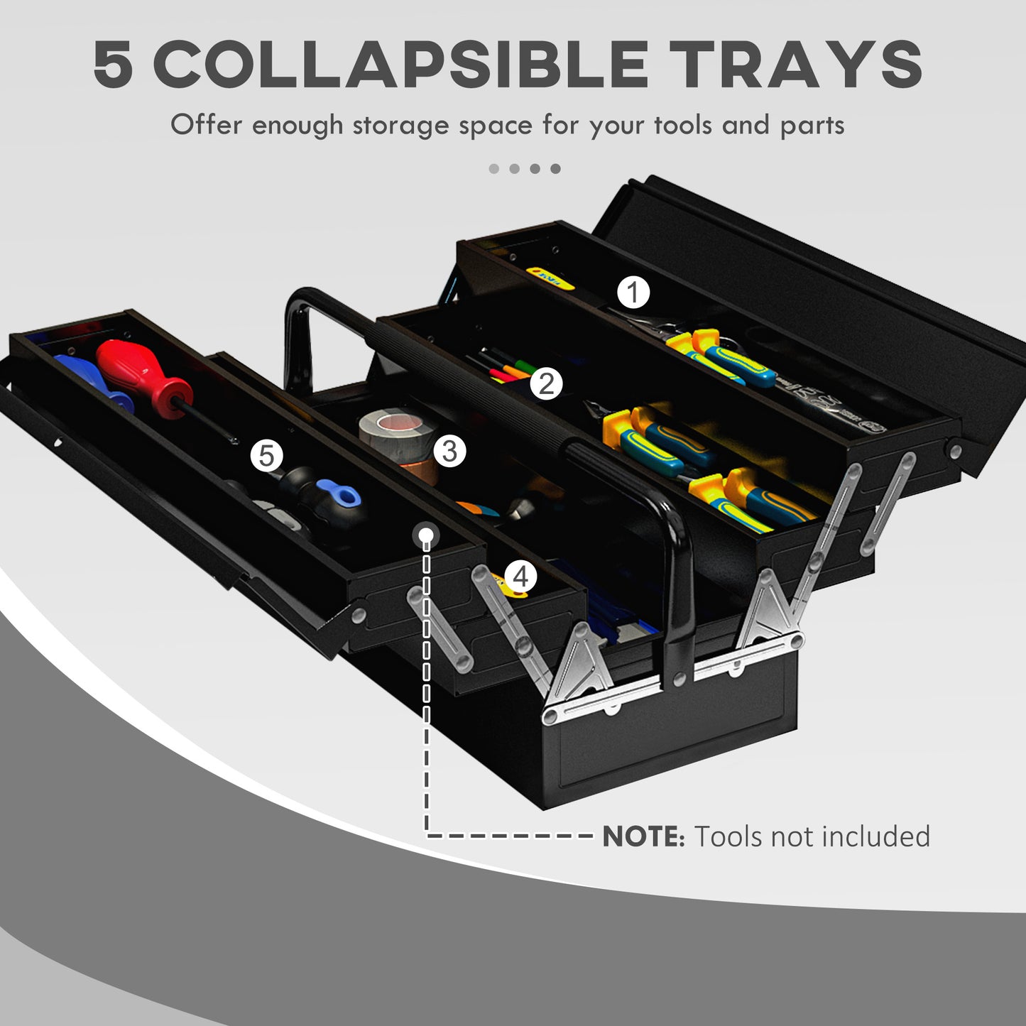 3 Tier Metal Toolbox, 5 Tray Professional Portable Tool Box with Carry Handle for Workshop, 45cmx20cmx34.5cm, Black