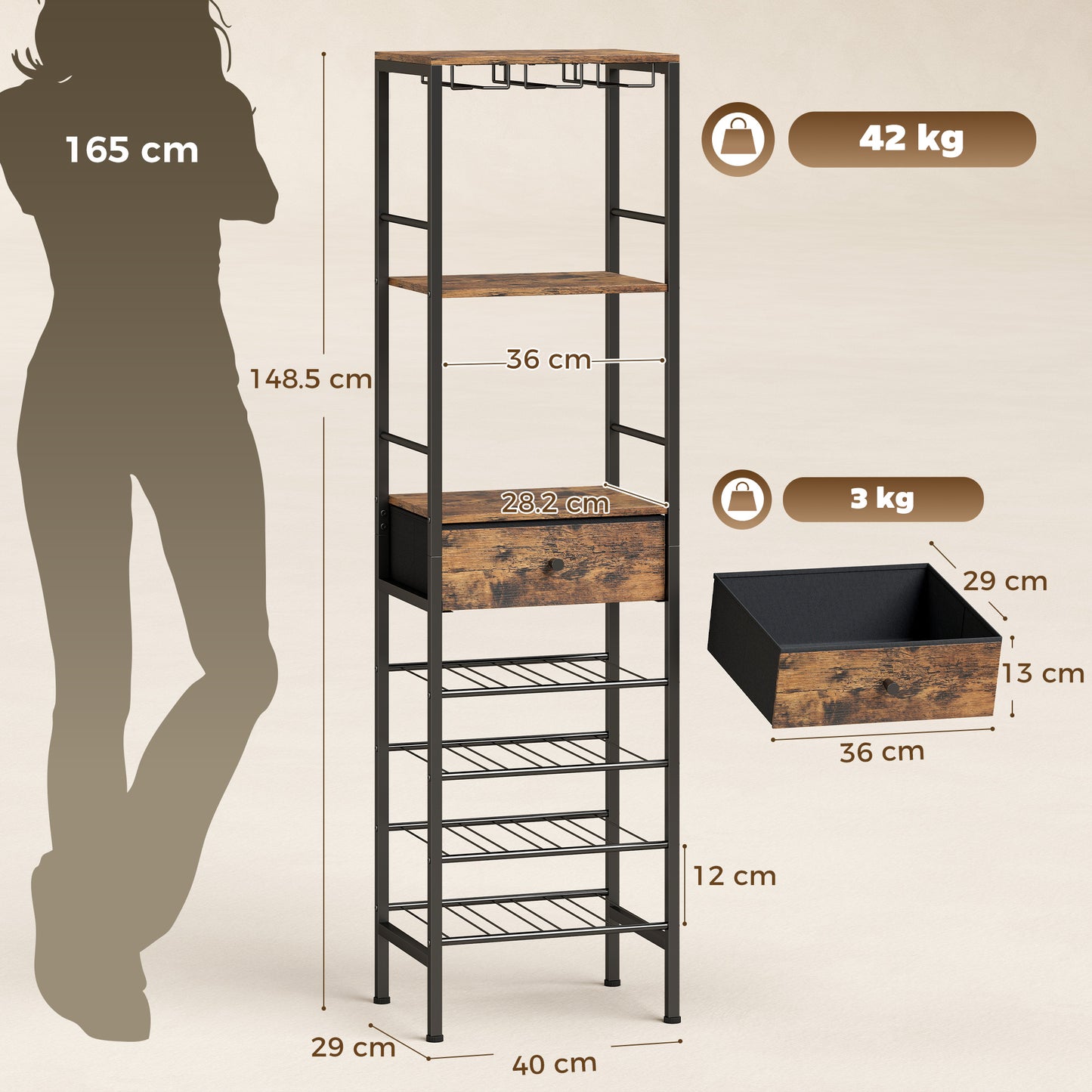 Industrial Wine Bar Cabinet Freestanding Liquor Cabinet 16-Bottle Wine Rack Glass Holder Rustic Brown
