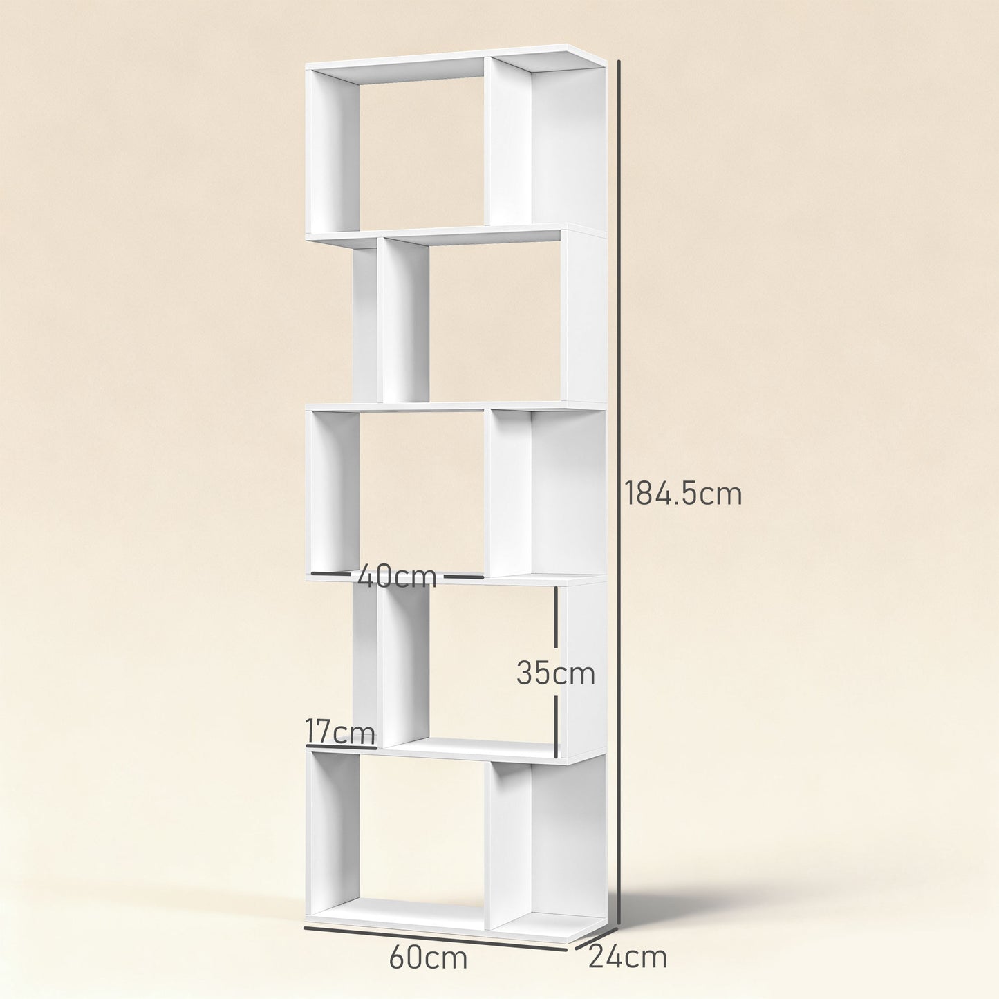 Bookcase, S-Shaped Wooden Bookshelf, 5 Tiers Freestanding Storage Shelf, Home Office Display Stand Rack, White