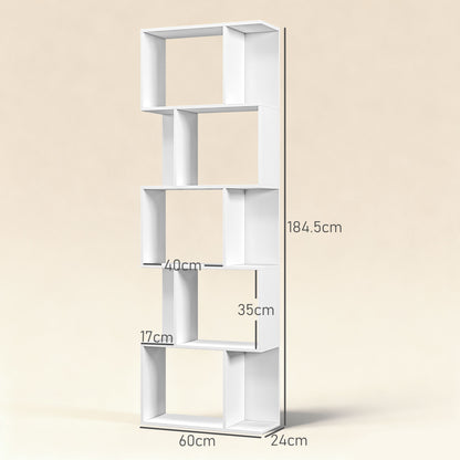 Bookcase, S-Shaped Wooden Bookshelf, 5 Tiers Freestanding Storage Shelf, Home Office Display Stand Rack, White