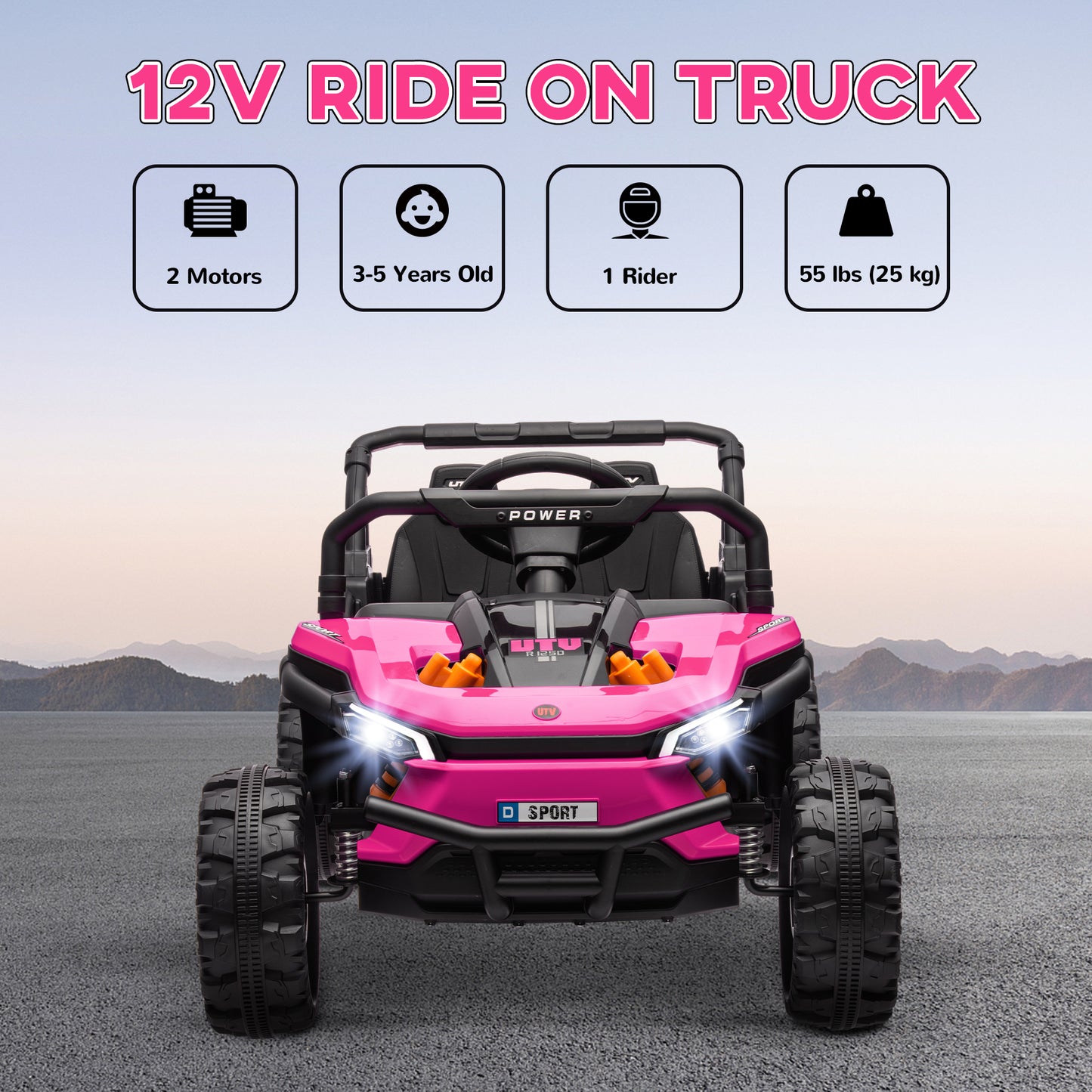 12V Battery Powered Ride on Truck w/ Remote, Four Suspension Wheels, Horn, Lights, Music, USB, for Ages 3-5 Years, Pink