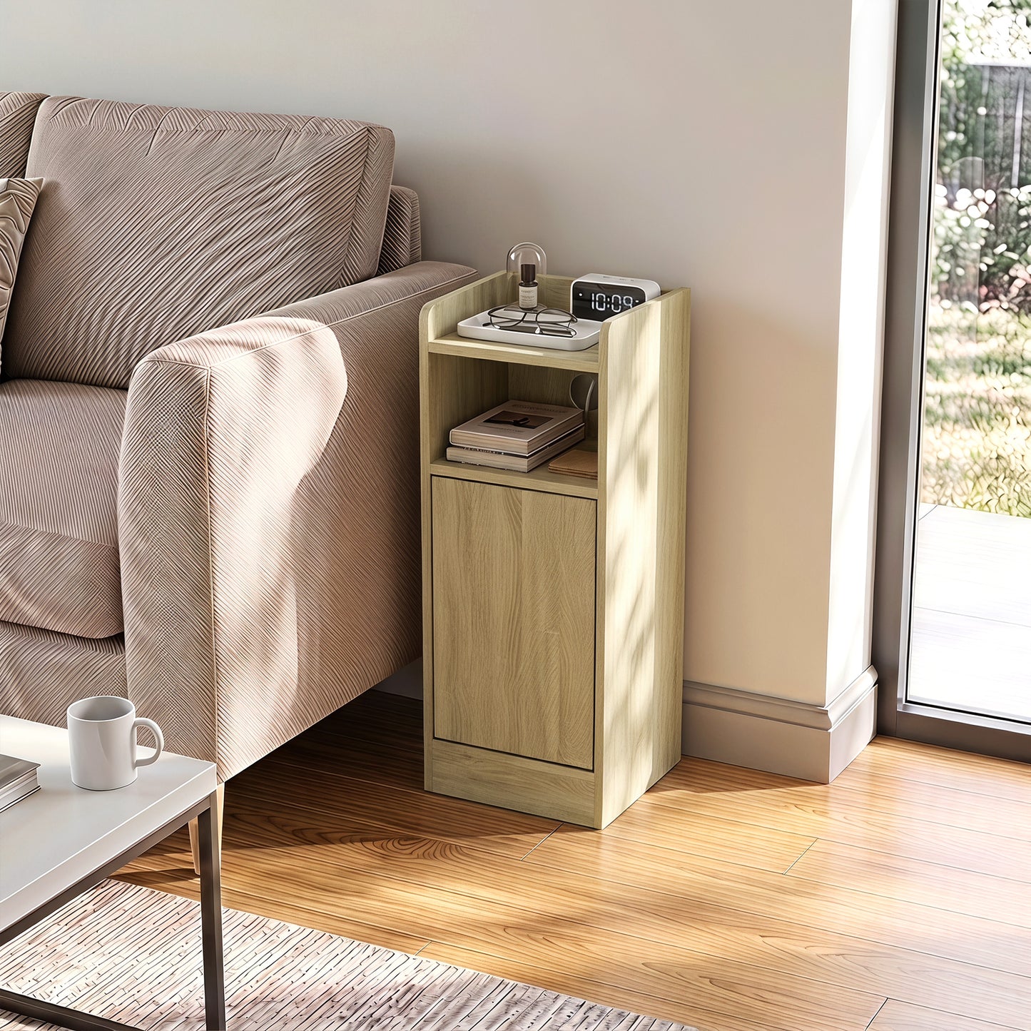 Slim Bedside Table Set of 2 with Charging Station, Narrow Bedside Cabinet with Adjustable Shelf, Oak
