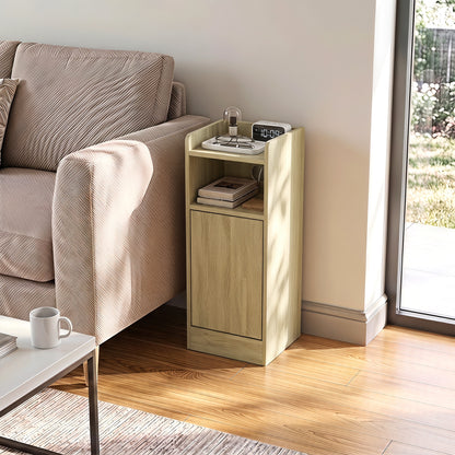 Slim Bedside Table Set of 2 with Charging Station, Narrow Bedside Cabinet with Adjustable Shelf, Oak