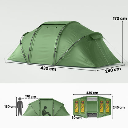 4 Man Camping Tent, UV Protection Tunnel Tent with 2 Bedrooms and Living Area, Large Hiking Sun Shelter, 430 x 240 x 170 cm