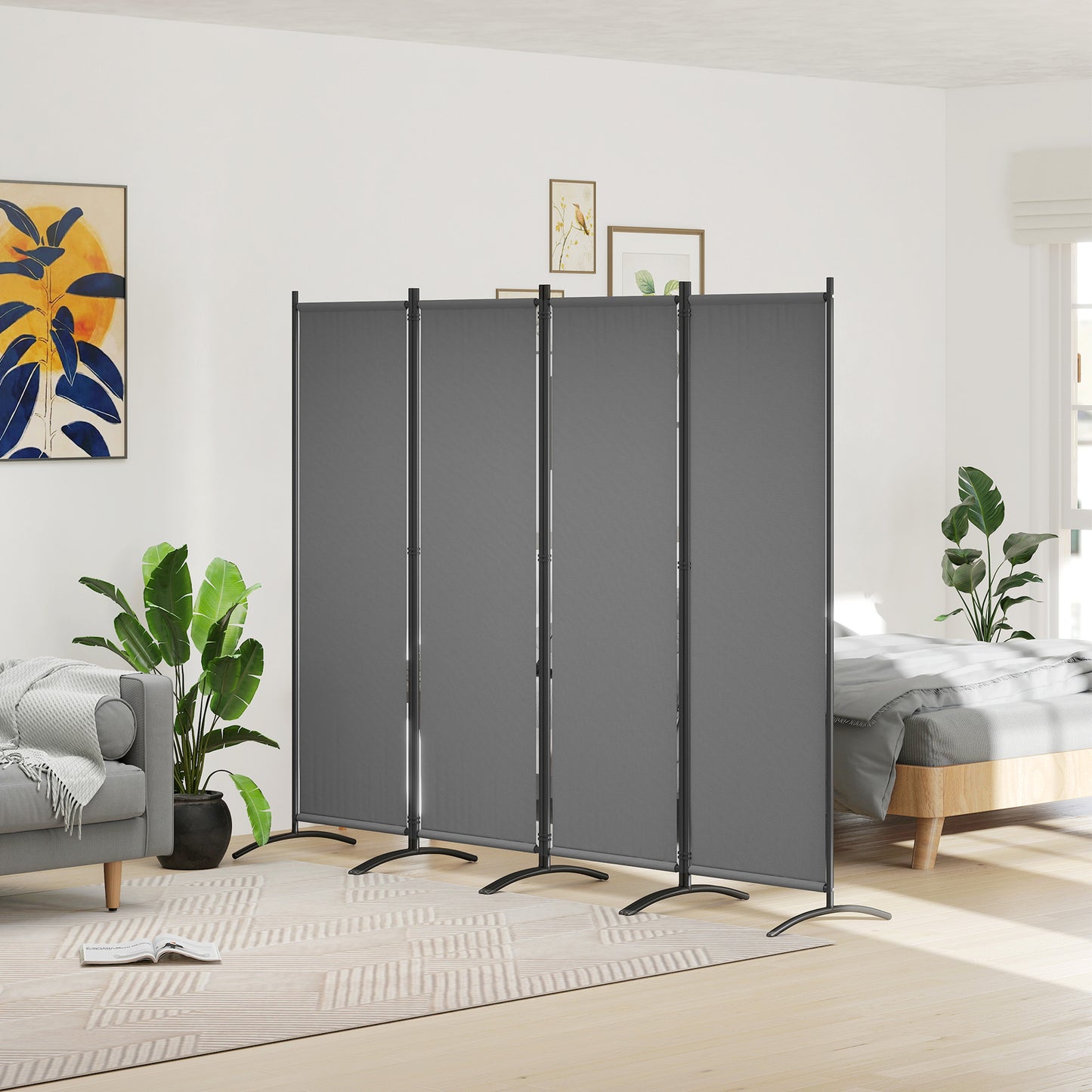 4 Panel Folding Room Divider, 1.7m Privacy Screen with Wide Feet, Portable Freestanding Metal Partition Separator for Office