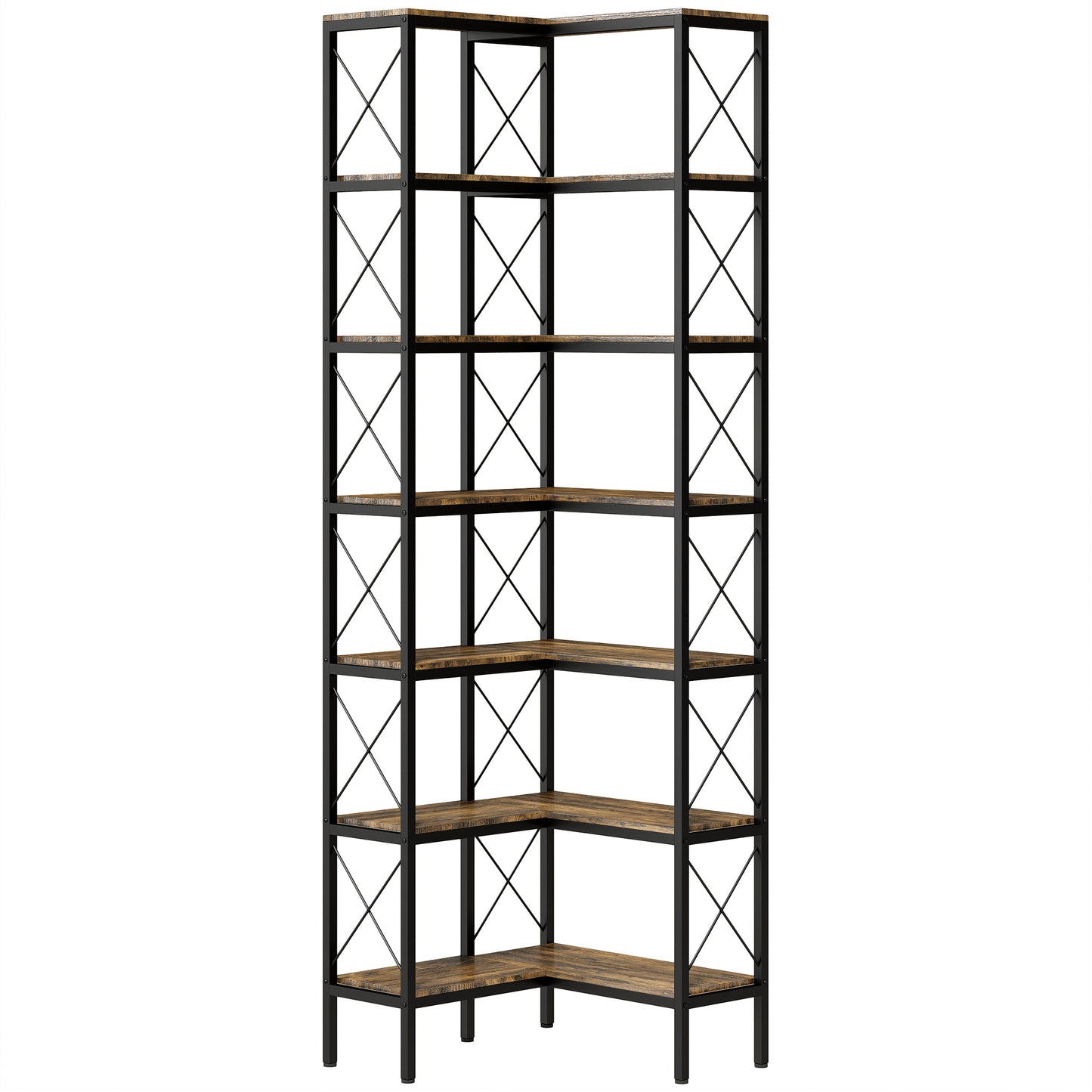 6-Tier L-Shaped Bookshelf, Freestanding Corner Bookcase with Metal Frame, Rustic Brown