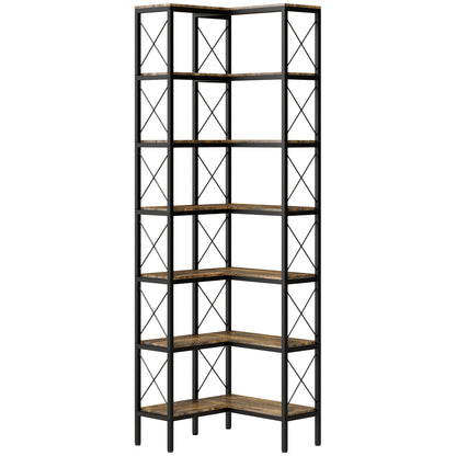 6-Tier L-Shaped Bookshelf, Freestanding Corner Bookcase with Metal Frame, Rustic Brown