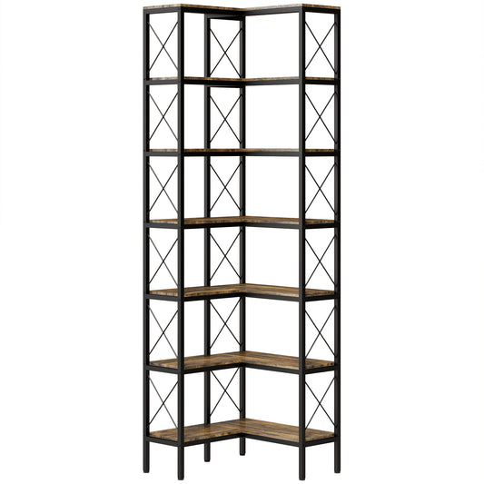 6-Tier L-Shaped Bookshelf, Freestanding Corner Bookcase with Metal Frame, Rustic Brown