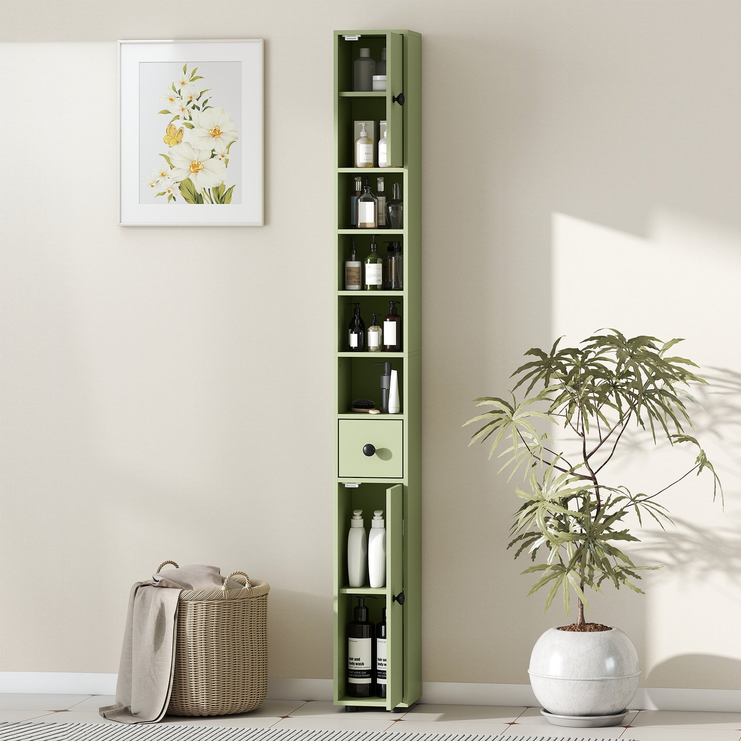 180cm Slim Bathroom Cabinet, with Drawer, Shelves and Cupboards - Green