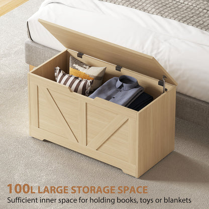 100L Home Storage Box, with Safety Hinge - Natural Wood Finish