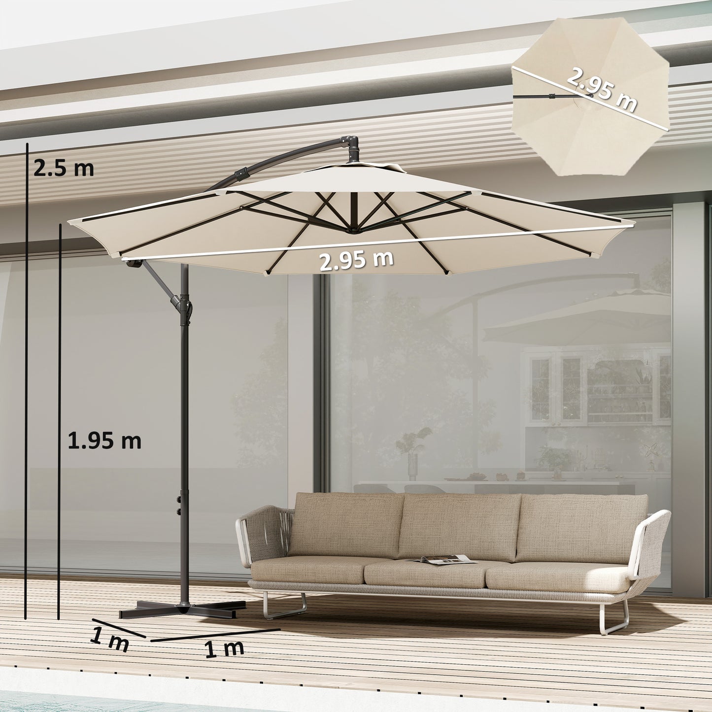 3 m Overhanging Cantilever Parasol, with Cross Base - Cream White