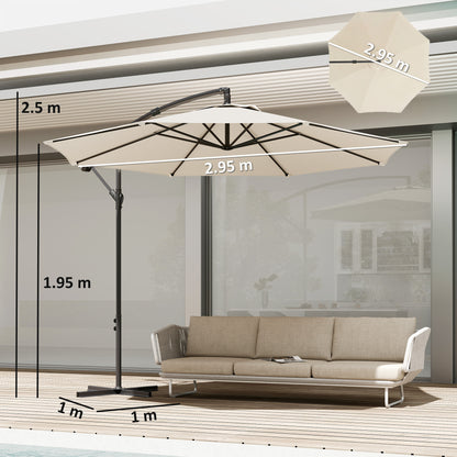 3 m Overhanging Cantilever Parasol, with Cross Base - Cream White