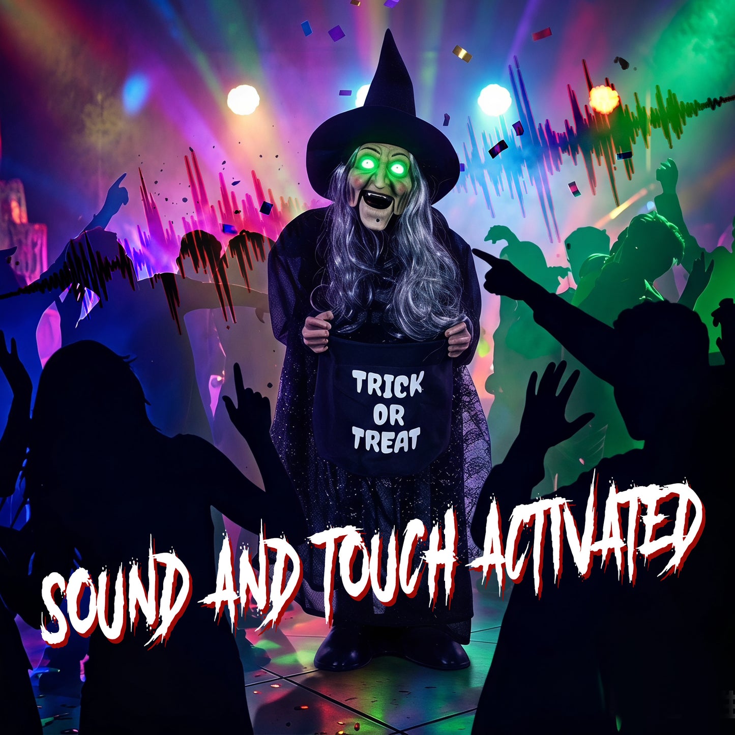 94cm Animated Witch Halloween Decoration, Scary Halloween Animatronics Decor with Sound Touch Activated & Light Up Eyes