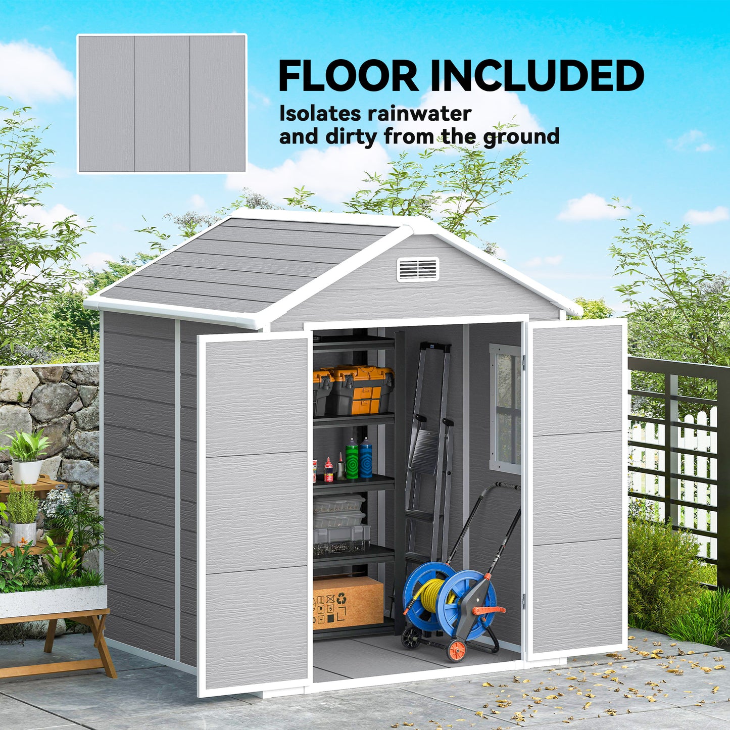 6 x 5ft Garden Shed, Plastic Shed with Floor, Window, Lockable Doors and Vents