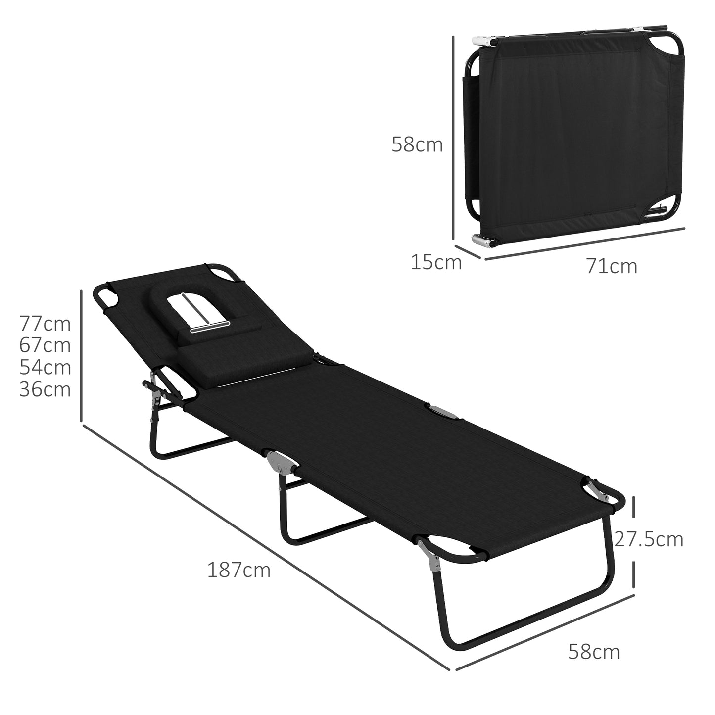 Folding Sun Loungers Set of 2 with Face Hole, 4-Position Adjustable Backrest Garden Recliner Chair Sunbed